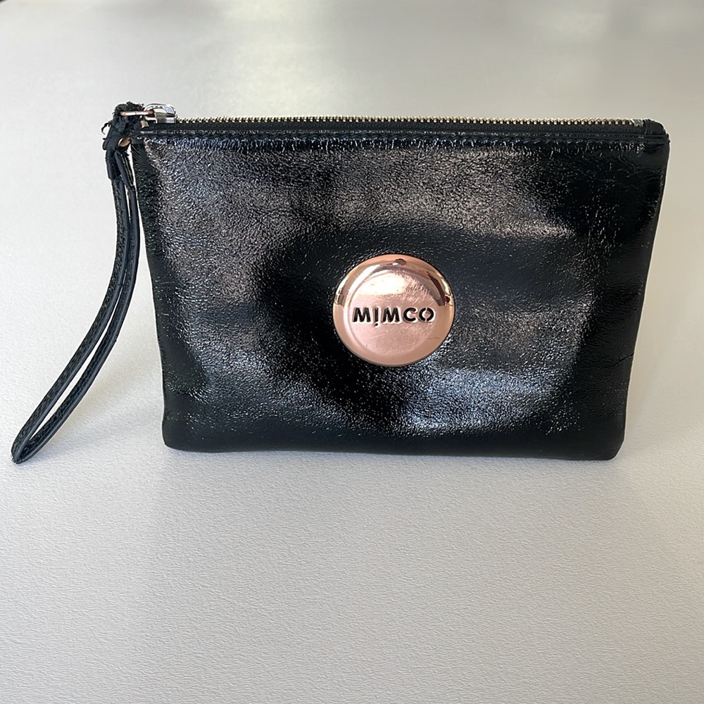 Mimco Australia Lovely Medium Pouch in Black Rosegold, Leather Outer, 8" x 5.5”